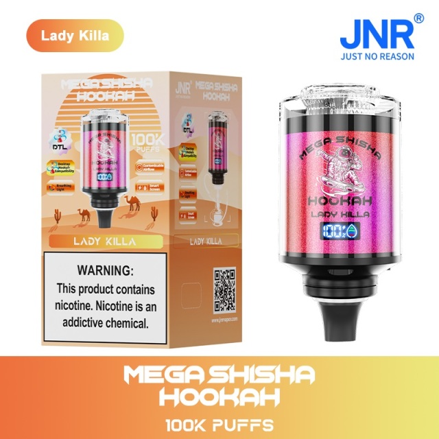 JNR Mega Shisha Hookah 100K Puffs Vape featruing lady killa  flavor showing the vape and vape box.