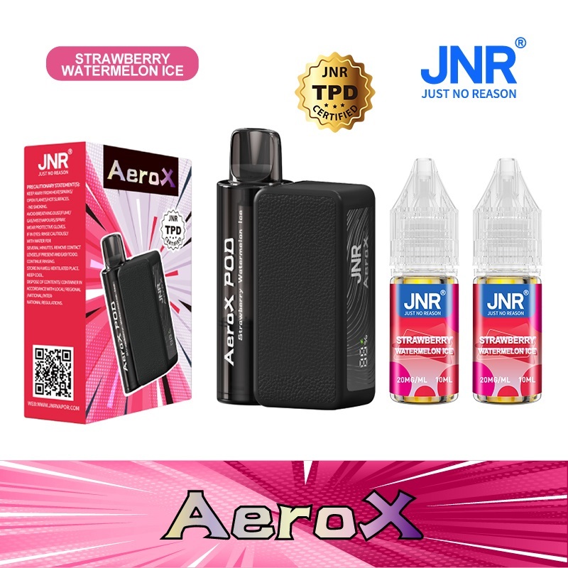 JNR AeroX 32000 Puffs vape featuring strawberry watermelon ice flavor and showing the vape, vape box and vape juices.