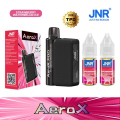 JNR AeroX 32000 Puffs vape featuring strawberry watermelon ice flavor and showing the vape, vape box and vape juices.