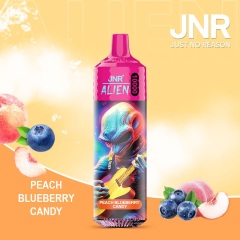JNR Alien 10,000 puffs vape in peach blueberry candy flavor, illustrated with peach and blueberry in the background.