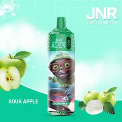 JNR Alien 10,000 puffs vape in sour apple flavor, illustrated with green apple  in the background.