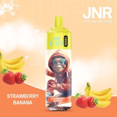 JNR Alien 10,000 puffs vape in strawberry banana flavor, illustrated with strawberry and banana in the background.