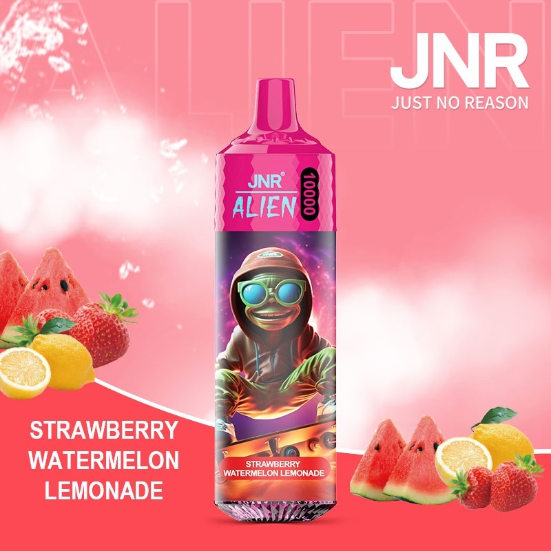 JNR Alien 10,000 puffs vape in strawberry watermelon lemonade flavor, illustrated with strawberry, watermelon and lemon in the background.