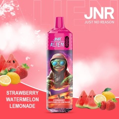 JNR Alien 10,000 puffs vape in strawberry watermelon lemonade flavor, illustrated with strawberry, watermelon and lemon in the background.