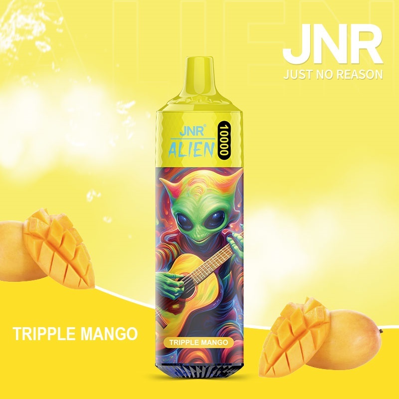 JNR Alien 10,000 puffs vape in triple mango flavor, illustrated with mango in the background.