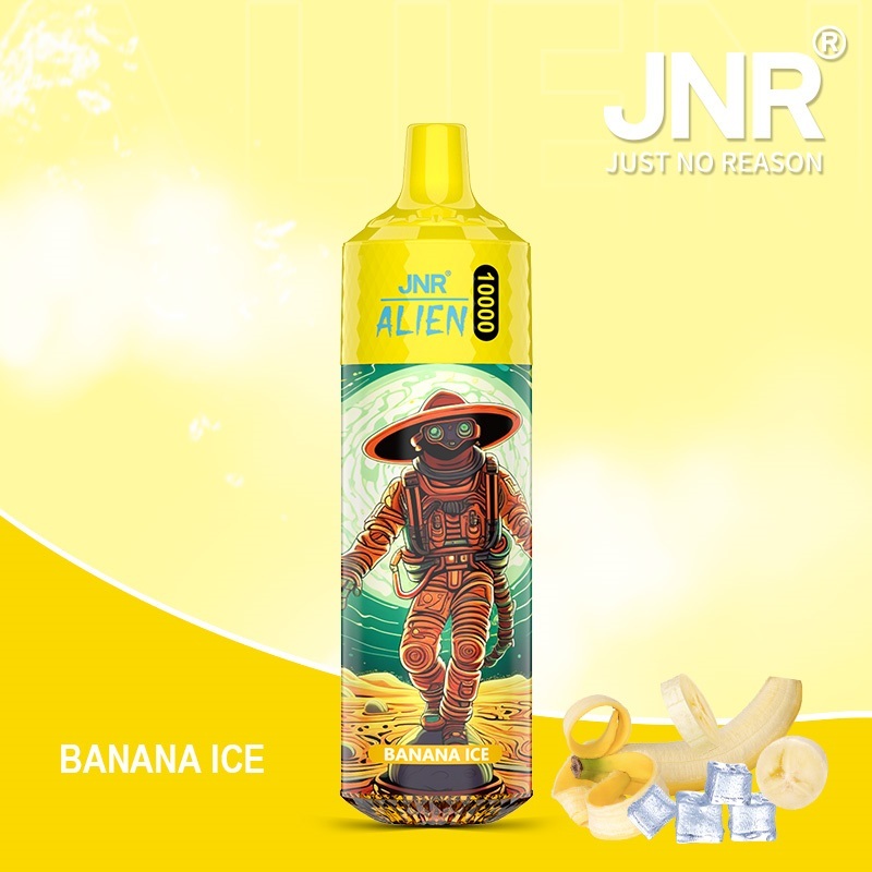 JNR Alien 10,000 puffs vape in banana ice flavor, illustrated with banana and ice in the background.