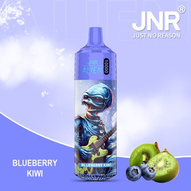 JNR Alien 10,000 puffs vape in strawberry kiwi flavor, illustrated with strawberry and kiwi in the background.