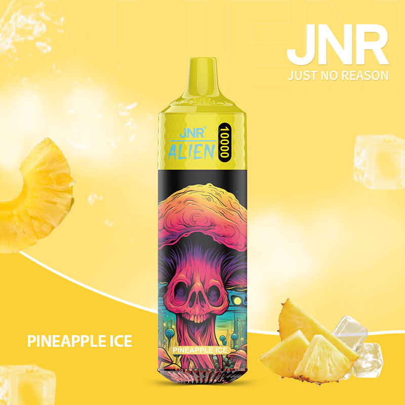 JNR Alien 10,000 puffs vape in pineapple ice flavor, illustrated with pineapple and ice in the background.