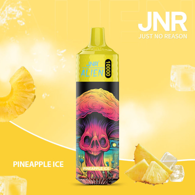 JNR Alien 10,000 puffs vape in pineapple ice flavor, illustrated with pineapple and ice in the background.