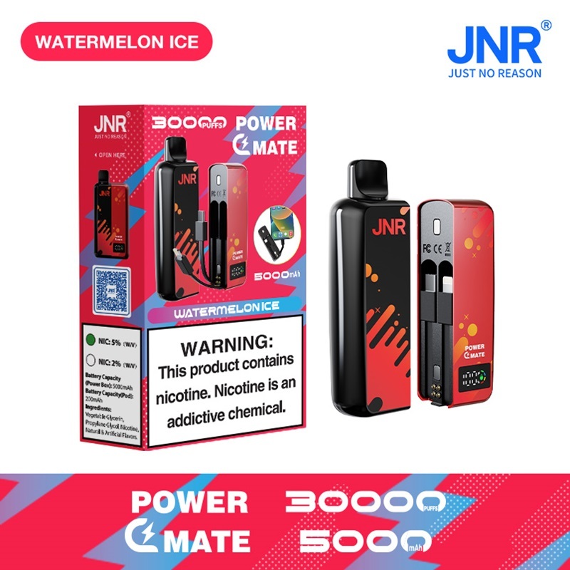 JNR Power Mate 30000 Puffs vape featuring watermelon ice flavor and showing the vape and vape box.