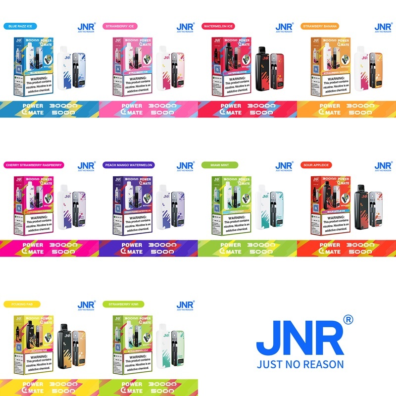 JNR Power Mate 30000 Puffs vape featuring various flavors.