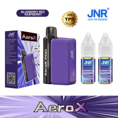 JNR AeroX 32000 Puffs vape featuring blueberry red raspberry flavor and showing the vape, vape box and vape juices.