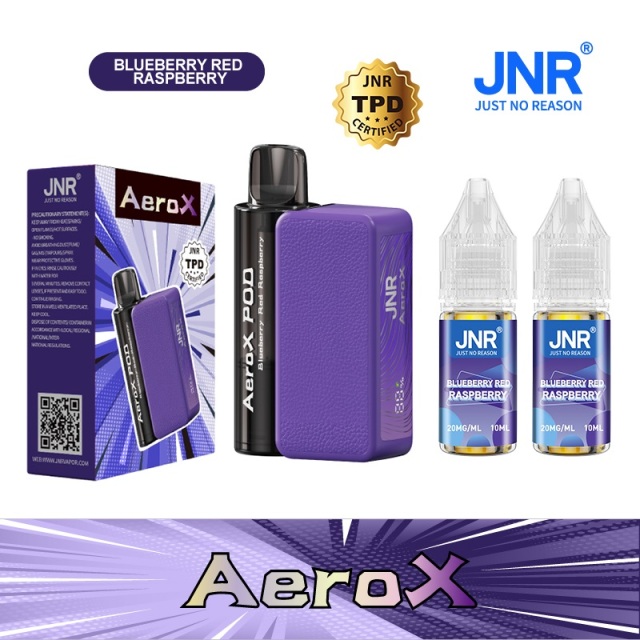 JNR AeroX 32000 Puffs vape featuring blueberry red raspberry flavor and showing the vape, vape box and vape juices.