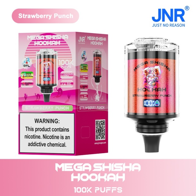 JNR Mega Shisha Hookah 100K Puffs Vape featuring strawberry punch flavor showing the vape and vape box.