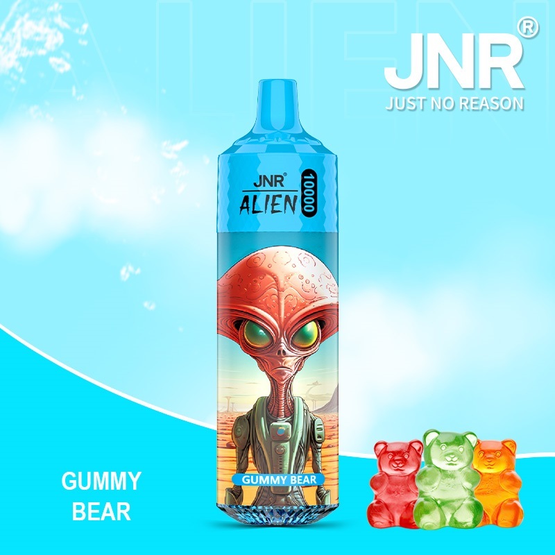 JNR Alien 10,000 puffs vape in gummy bear flavor, illustrated with gummies in the background.