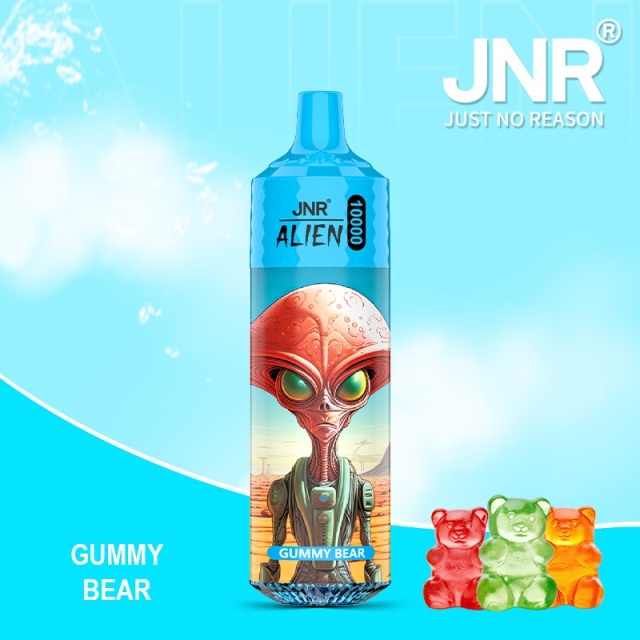 JNR Alien 10,000 puffs vape in gummy bear flavor, illustrated with gummies in the background.
