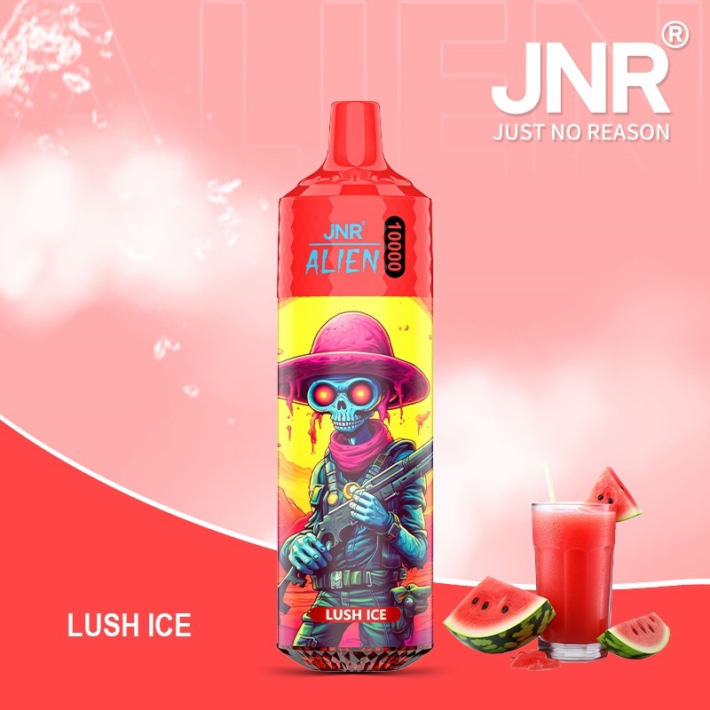 JNR Alien 10,000 puffs vape in lush ice flavor, illustrated with watermelon and watermelon juice in glass in the background.