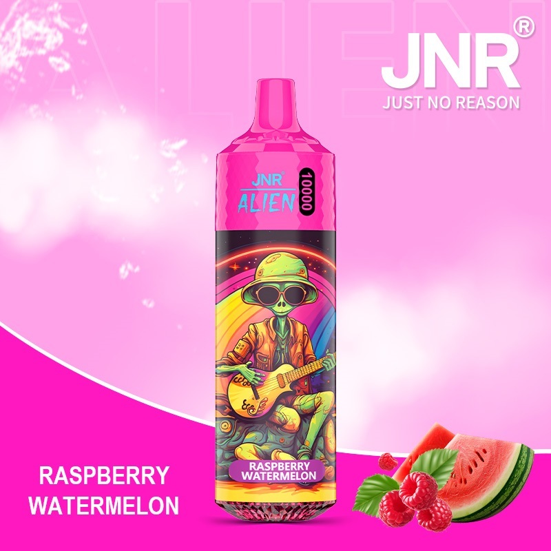 JNR Alien 10,000 puffs vape in raspberry watermelon flavor, illustrated with strawberry and watermelon in the background.