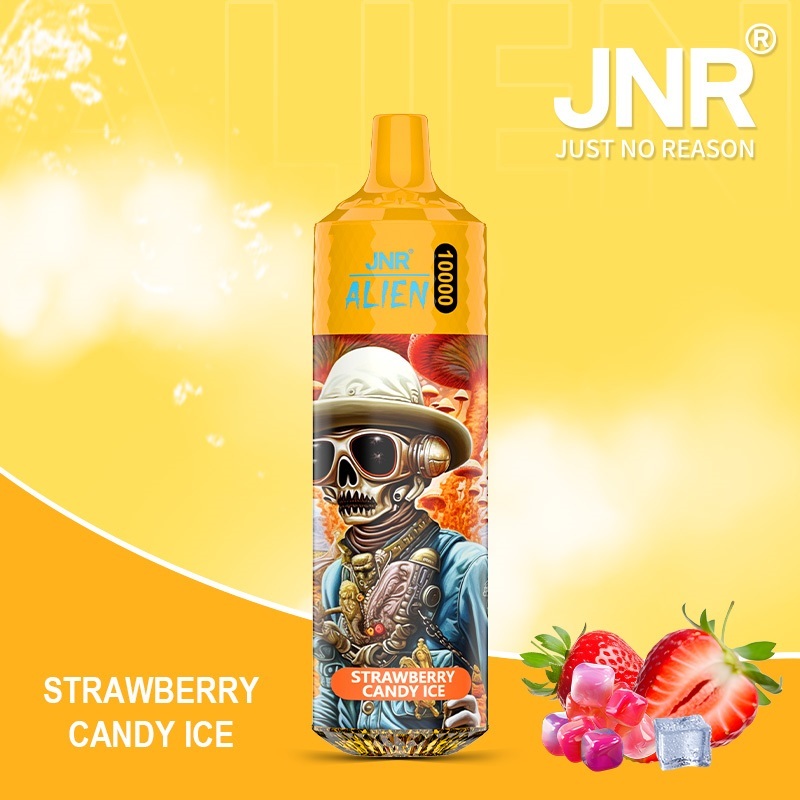 JNR Alien 10,000 puffs vape in strawberry candy ice flavor, illustrated with strawberry and ice in the background.