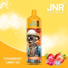 JNR Alien 10,000 puffs vape in strawberry candy ice flavor, illustrated with strawberry and ice in the background.