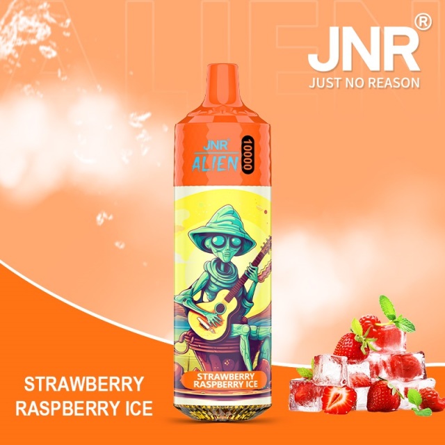 JNR Alien 10,000 puffs vape in strawberry raspberry ice flavor, illustrated with strawberry, raspberry and ice in the background.