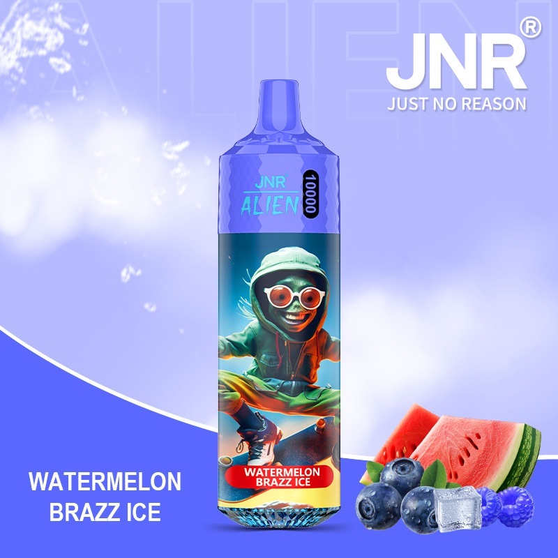 JNR Alien 10,000 puffs vape in watermelon brazz ice flavor, illustrated with watermelon, blueberry and ice in the background.