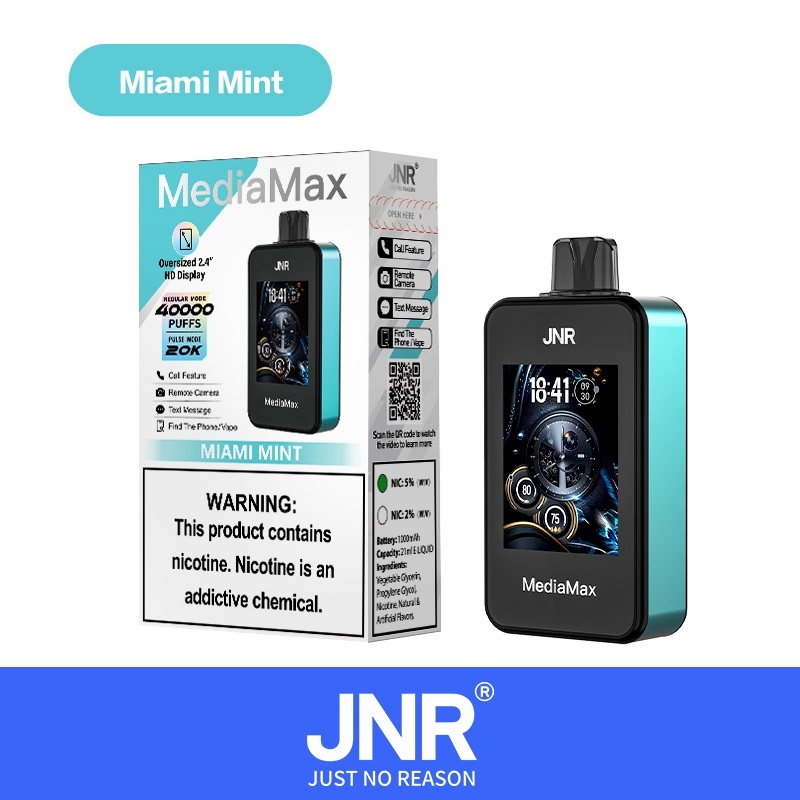 JNR MediaMax 40000 Puffs Vape in miami mint flavor showing the vape and vape box.