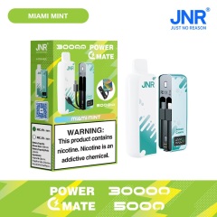 JNR Power Mate 30000 Puffs vape featuring miami mint flavor and showing the vape and vape box.