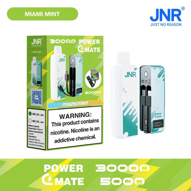 JNR Power Mate 30000 Puffs vape featuring miami mint flavor and showing the vape and vape box.