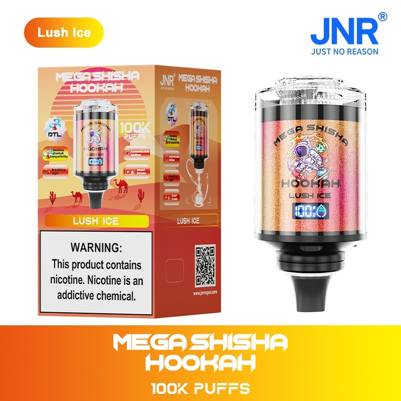 JNR Mega Shisha Hookah 100K Puffs Vape featuring lush ice  flavor showing the vape and vape box.