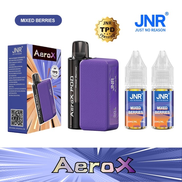 JNR AeroX 32000 Puffs vape featuring mixed berries flavor and showing the vape, vape box and vape juices.