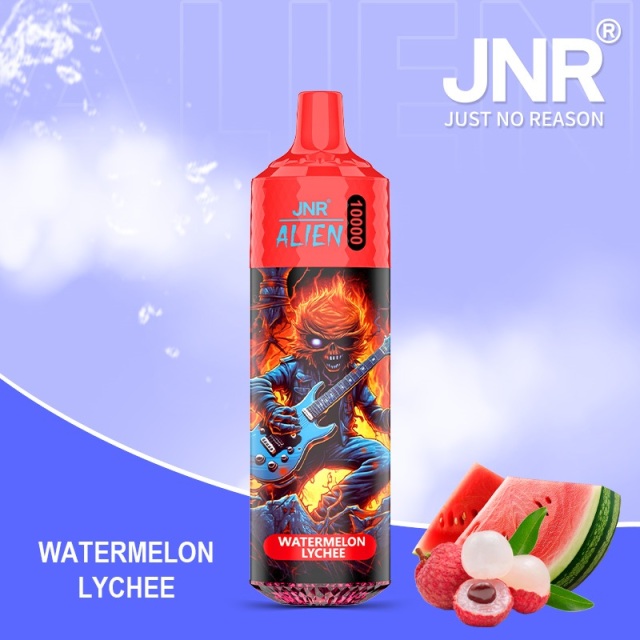 JNR Alien 10,000 puffs vape in watermelon lychee flavor, illustrated with watermelon and lychee in the background.