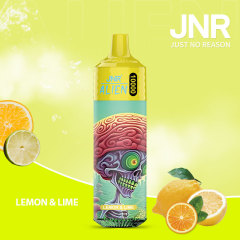 JNR Alien 10,000 puffs vape in lemon lime flavor, illustrated with lemon and lime in the background.