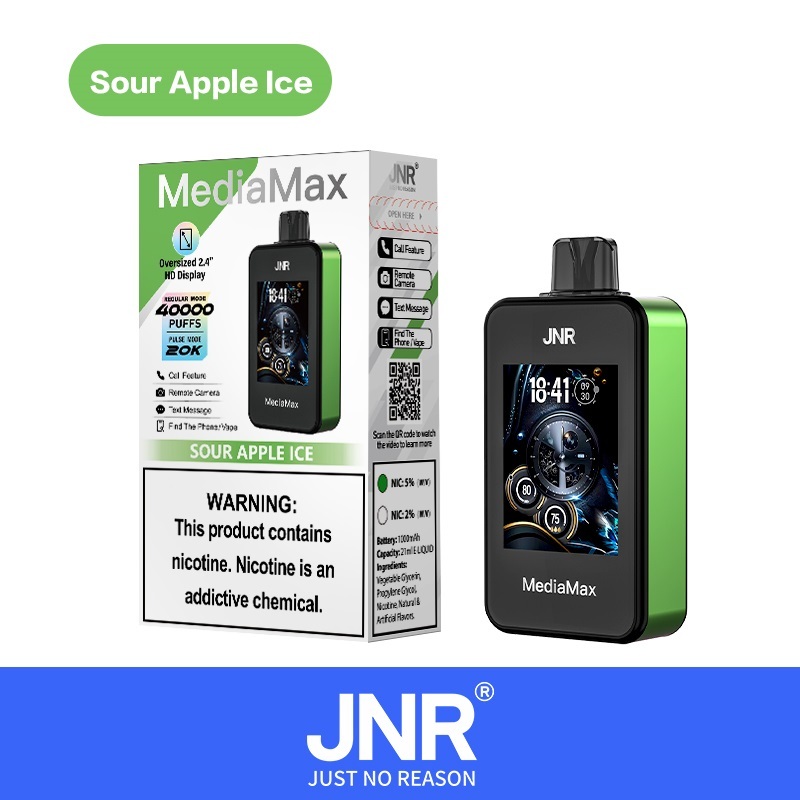 JNR MediaMax 40000 Puffs Vape in sour apple ice flavor showing the vape and vape box.