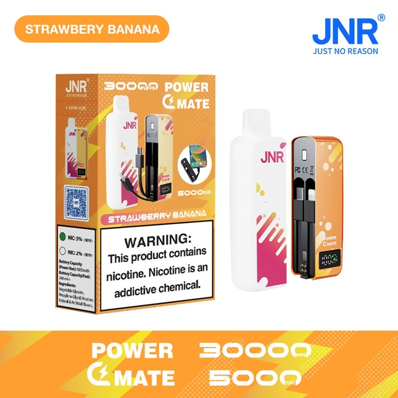 JNR Power Mate 30000 Puffs vape featuring strawberry banana flavor and showing the vape and vape box.