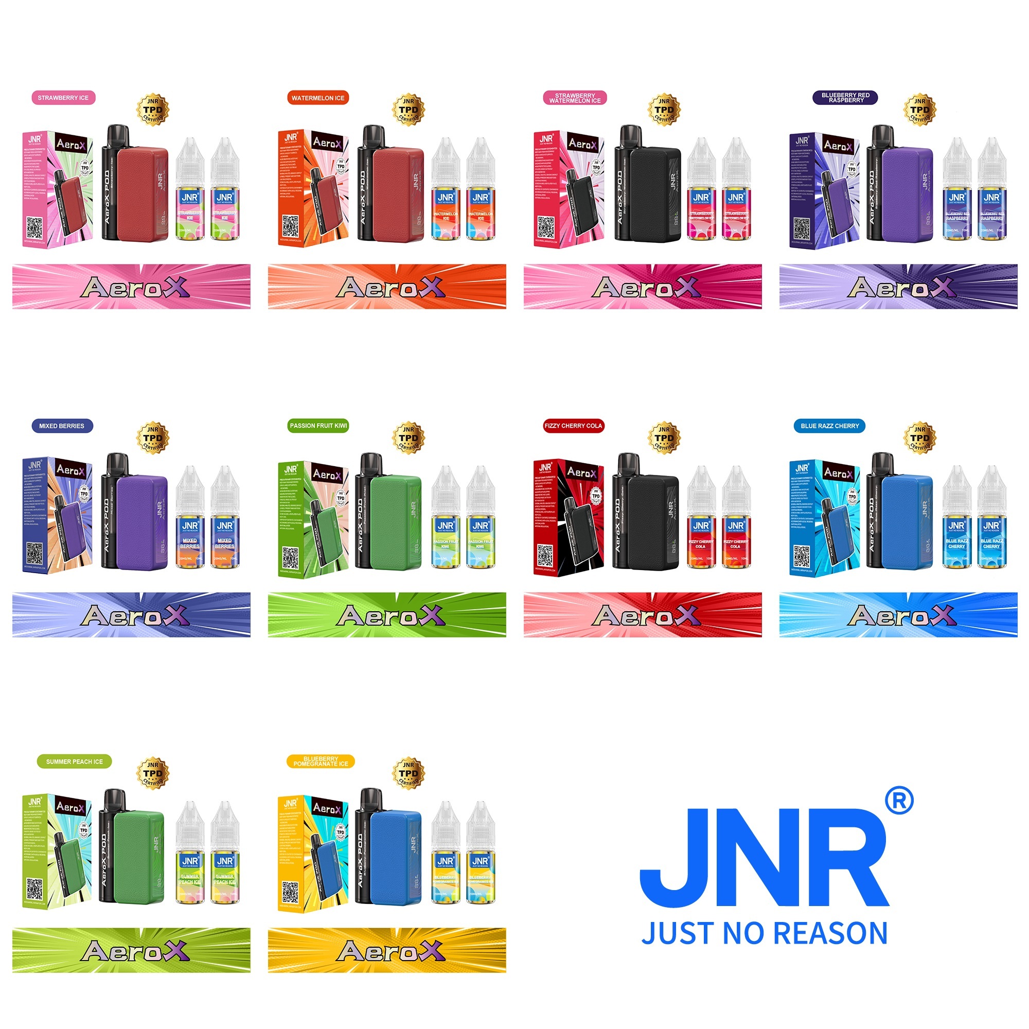 JNR AeroX 32000 Puffs vape featuring various flavors of the vape.