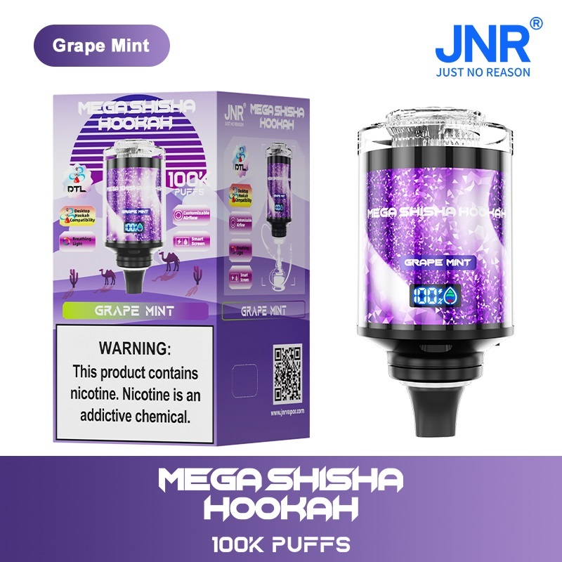 JNR Mega Shisha Hookah 100K Puffs Vape featuring grape mint  flavor showing the vape and vape box.