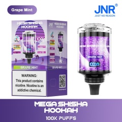 JNR Mega Shisha Hookah 100K Puffs Vape featuring grape mint  flavor showing the vape and vape box.