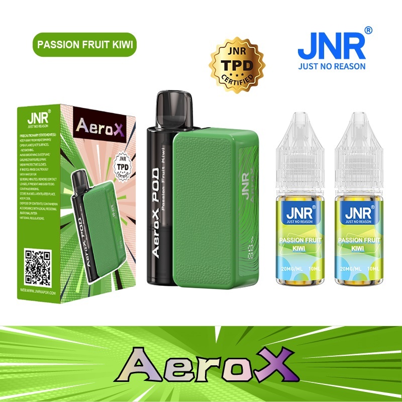 JNR AeroX 32000 Puffs vape featuring passion fruit kiwi flavor and showing the vape, vape box and vape juices.