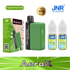JNR AeroX 32000 Puffs vape featuring passion fruit kiwi flavor and showing the vape, vape box and vape juices.