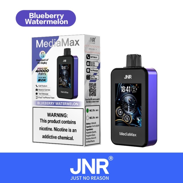 JNR MediaMax 40000 Puffs Vape in blueberry watermelon flavor showing the vape and vape box.
