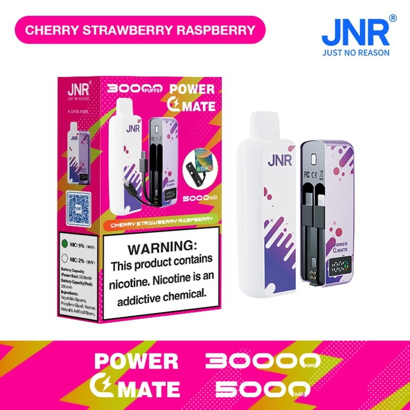 JNR Power Mate 30000 Puffs vape featuring cherry strawberry raspberry flavor and showing the vape and vape box.