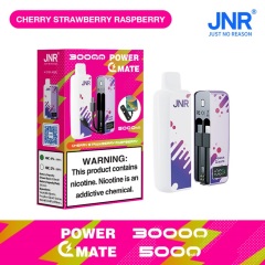 JNR Power Mate 30000 Puffs vape featuring cherry strawberry raspberry flavor and showing the vape and vape box.