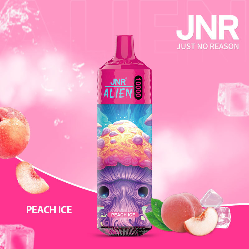 JNR Alien 10,000 puffs vape in peach ice flavor, illustrated with peach and ice in the background.