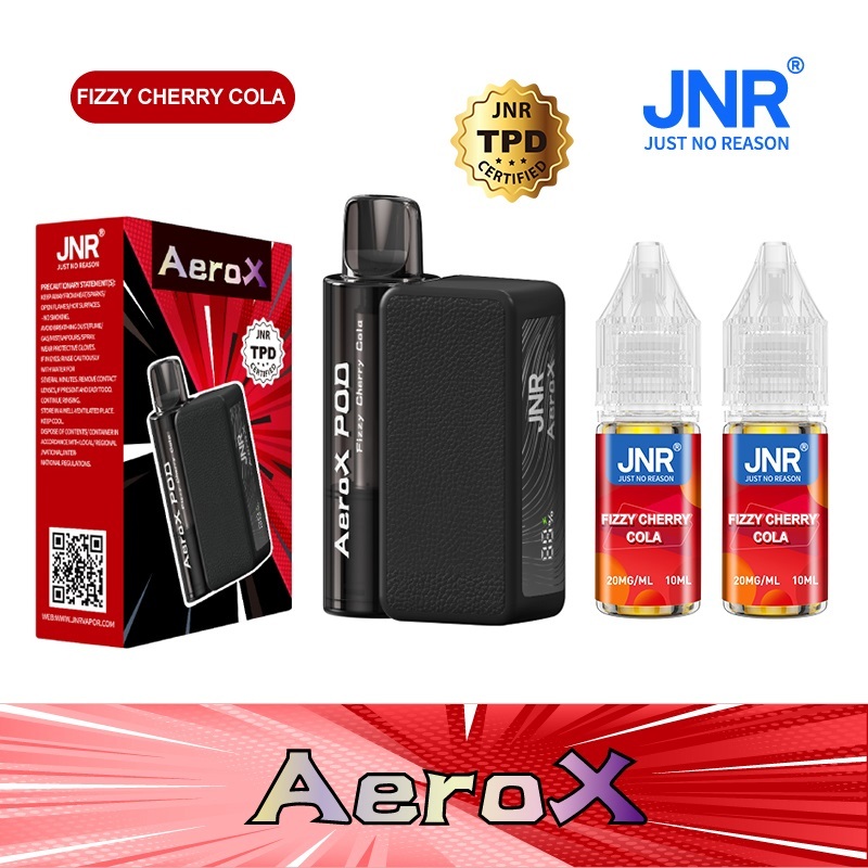 JNR AeroX 32000 Puffs vape featuring fizzy cherry cola flavor and showing the vape, vape box and vape juices.