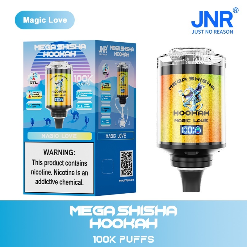 JNR Mega Shisha Hookah 100K Puffs Vape in  flavor showing the vape and vape box.
