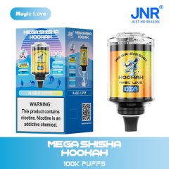JNR Mega Shisha Hookah 100K Puffs Vape in  flavor showing the vape and vape box.