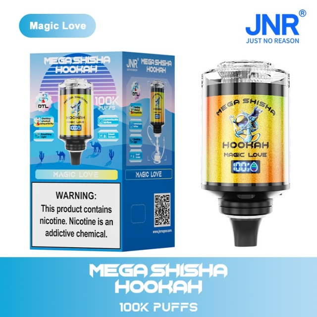 JNR Mega Shisha Hookah 100K Puffs Vape in  flavor showing the vape and vape box.