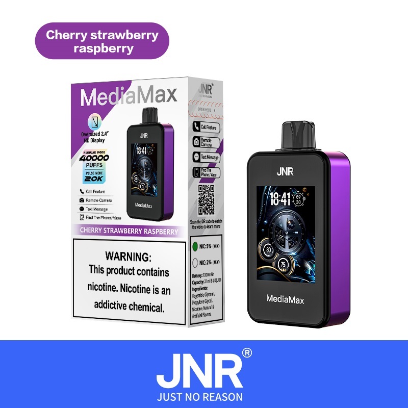 JNR MediaMax 40000 Puffs Vape in cherry strawberry raspberry flavor showing the vape and vape box.