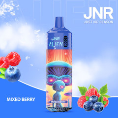 JNR Alien 10,000 puffs vape in mixed berries flavor, illustrated with blueberry and raspberry in the background.
